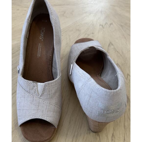 TOMS Classic Espadrille Wedge 7.5 Cork Platform Open Toe Crosshatch Jacquard - Picture 7 of 14